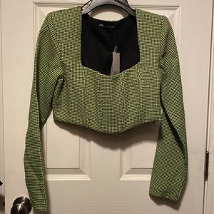 ZARA cropped neon green houndstooth top